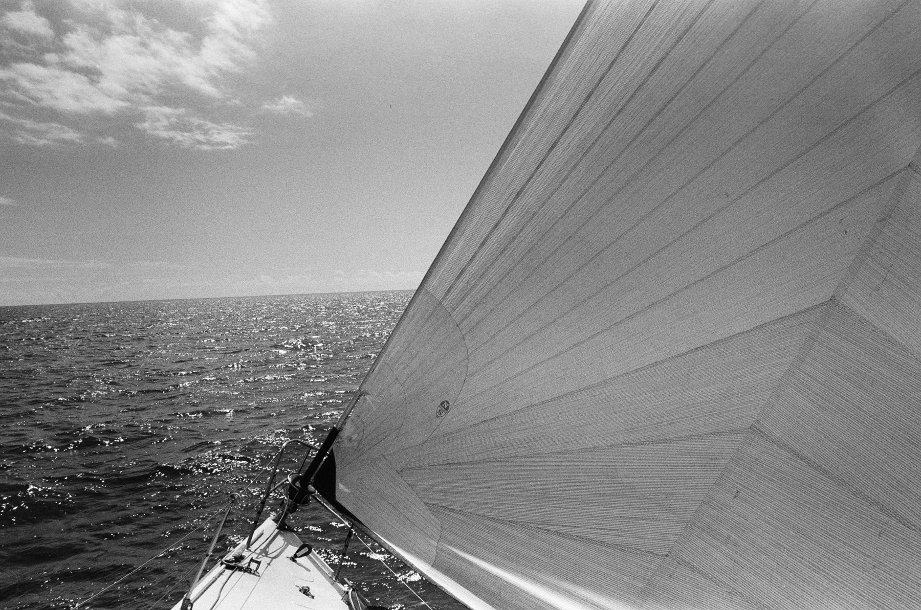 Warrior's bow and headsail over a sparkling sea