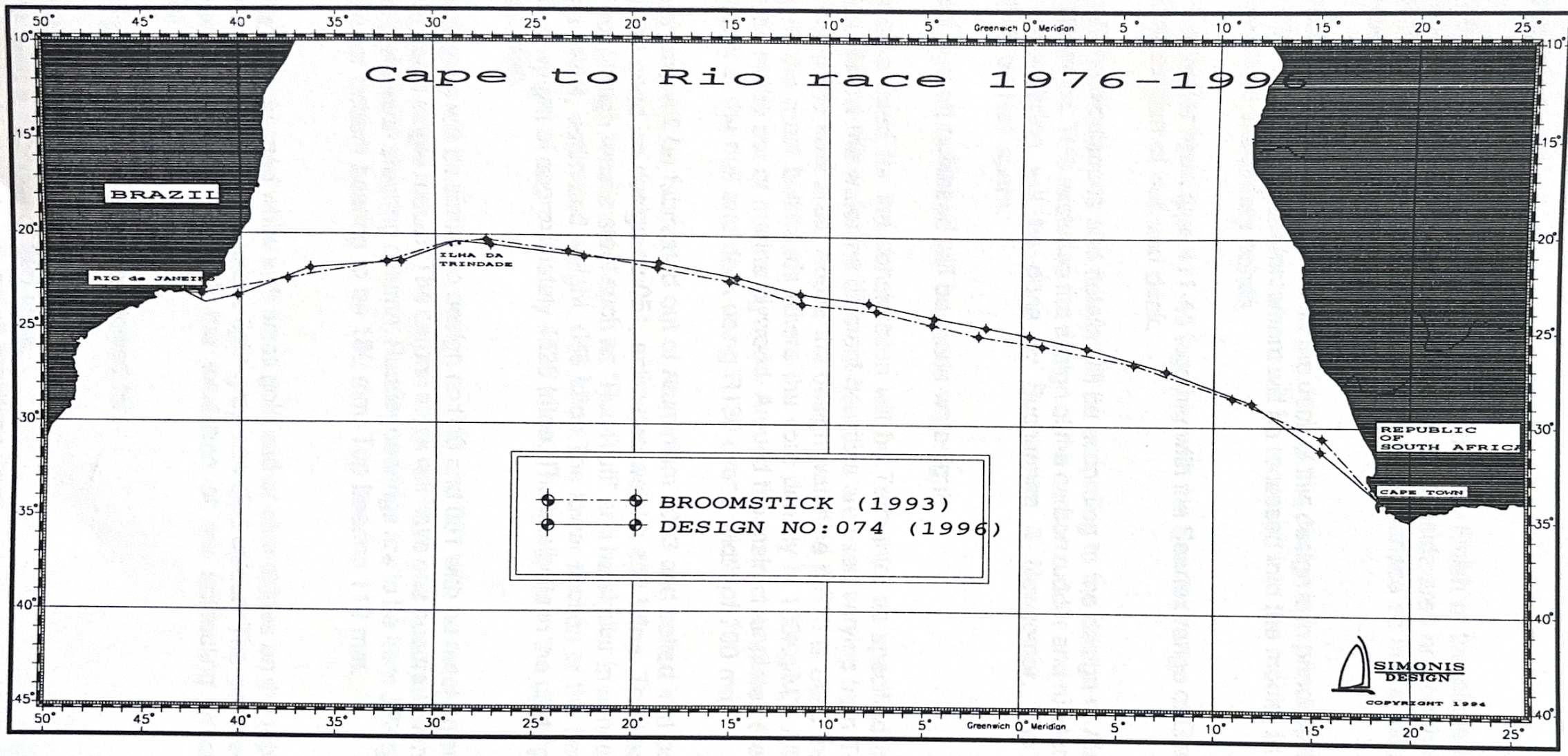 Simonis Design routing chart for the Cape to Rio race, 1976 to 1995, plotting the tracks of Broomstick from 1993 and Design No. 074 from 1996 across the South Atlantic between Cape Town and Rio de Janeiro